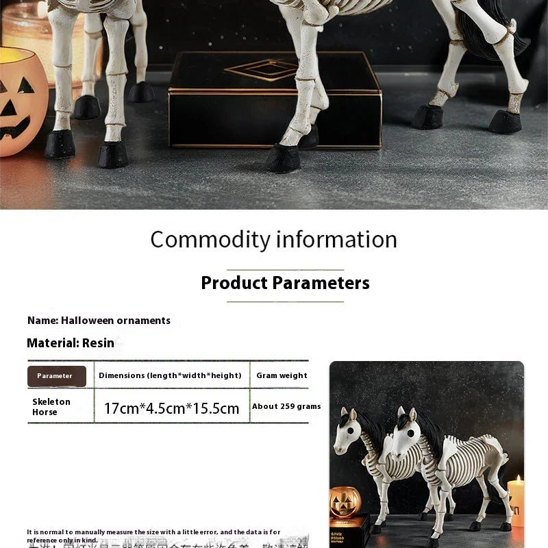 Detailed resin skeleton horse ornament in a spooky Halloween design, perfect for seasonal home decor