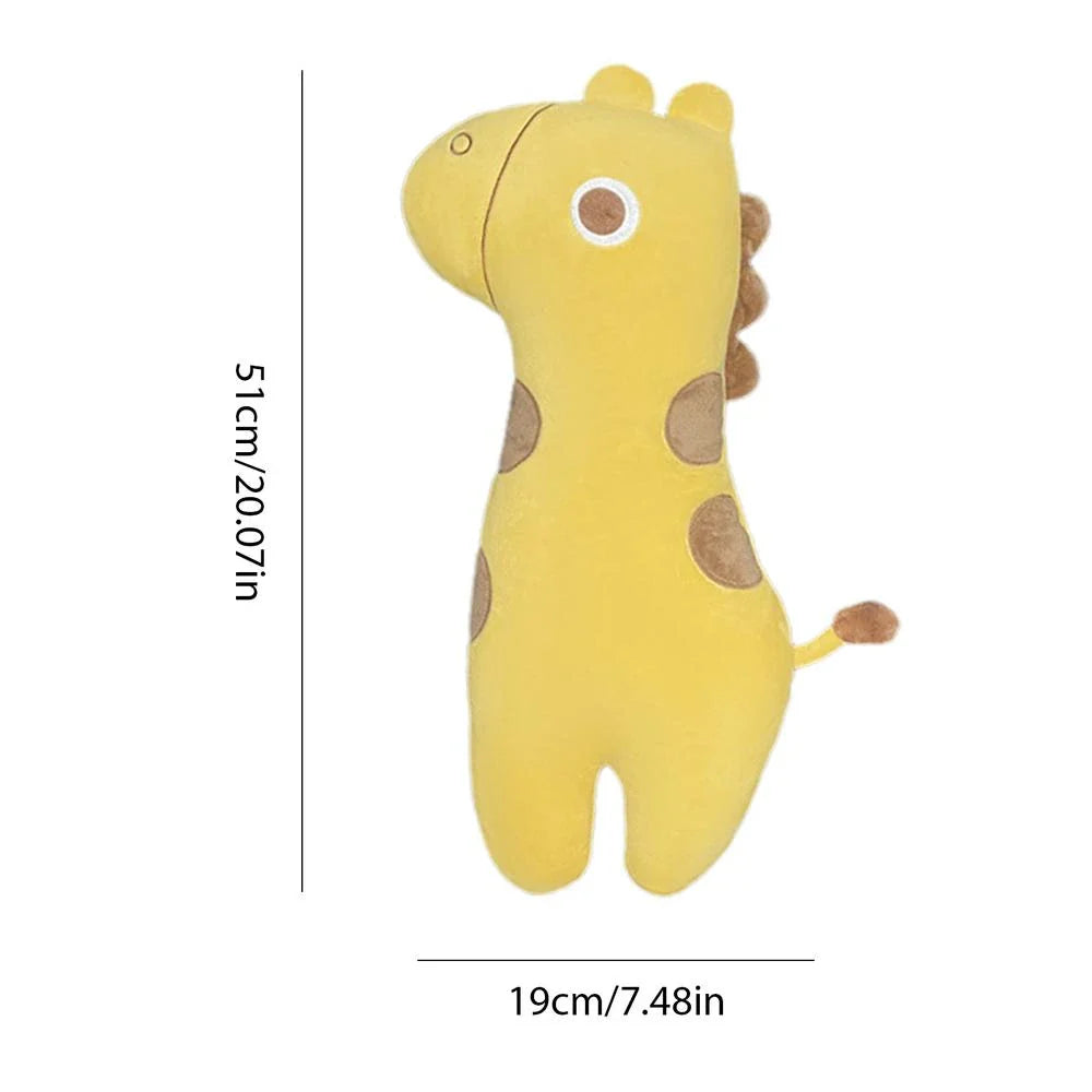 Comfortable car seat belt cushion pads with soft, breathable polyester fabric and plush PP cotton filling in fun cartoon designs including a giant goose, pink dinosaur, long-necked green dragon, and yellow giraffe