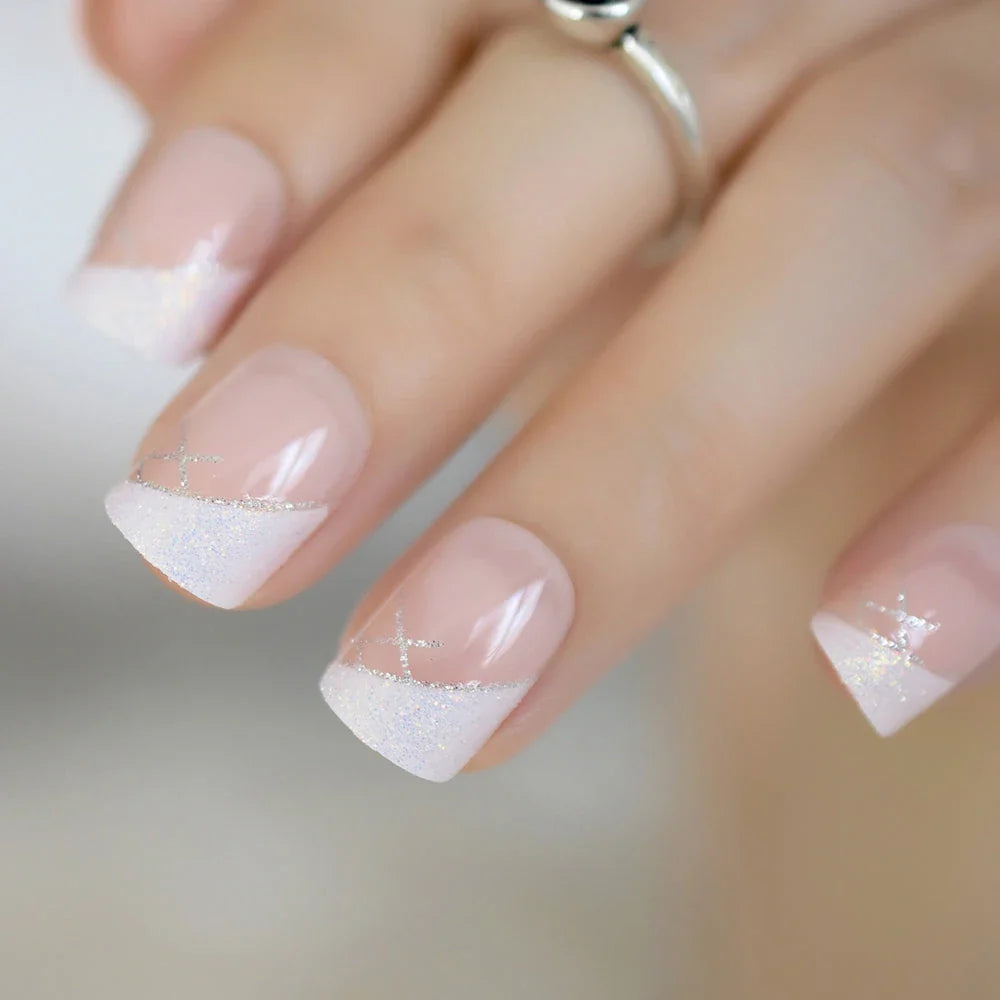 Iridescent white glitter short square French nail tips for a dazzling manicure