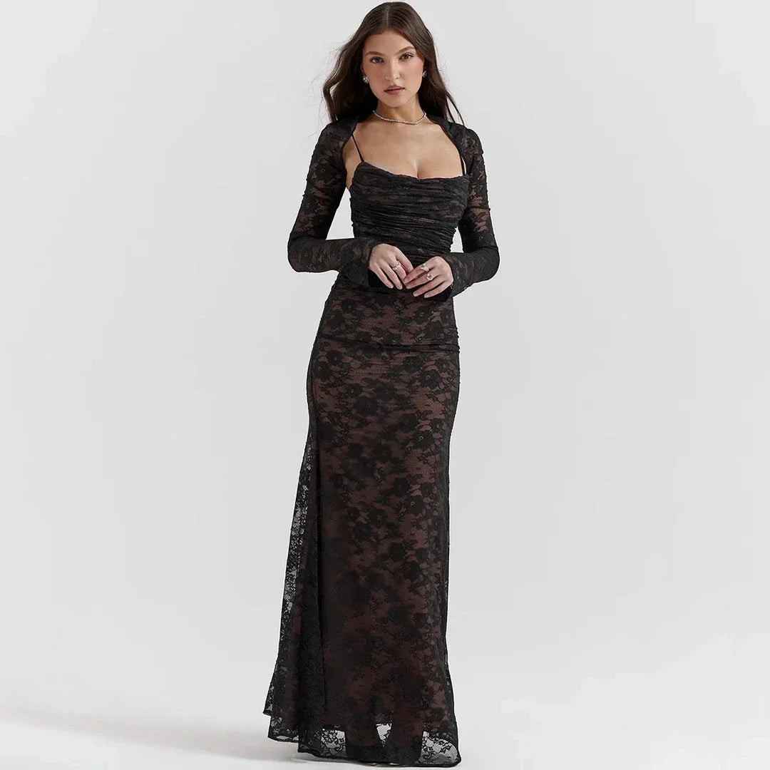 Elegant 2-Piece Lace Dress Set in Ivory, featuring a strap party dress and full sleeves outfit for formal occasions in the UK