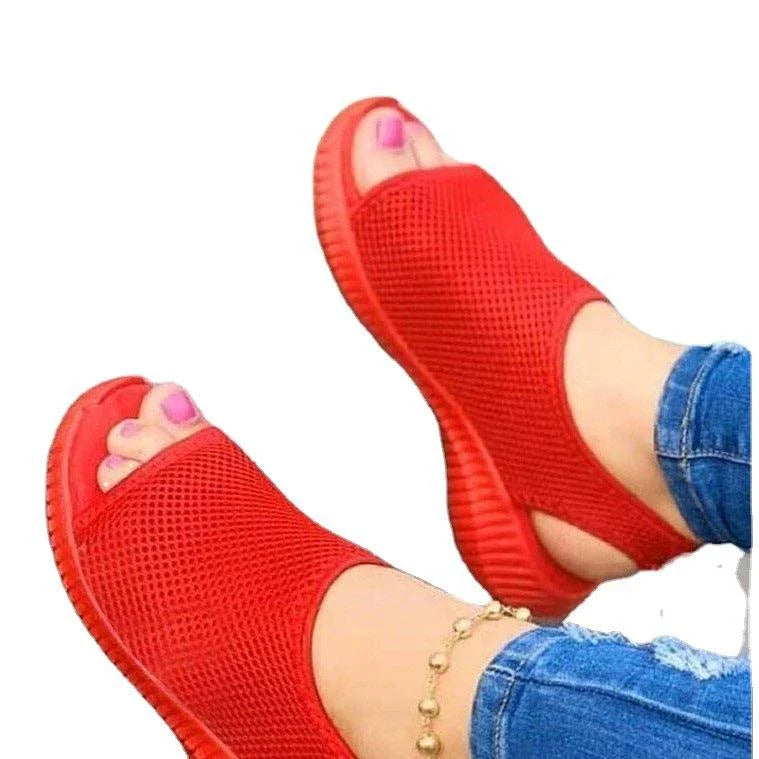 Pair of New Style Thick Bottom Mesh Fish Mouth Sports Sandals with breathable mesh upper and rubber soles