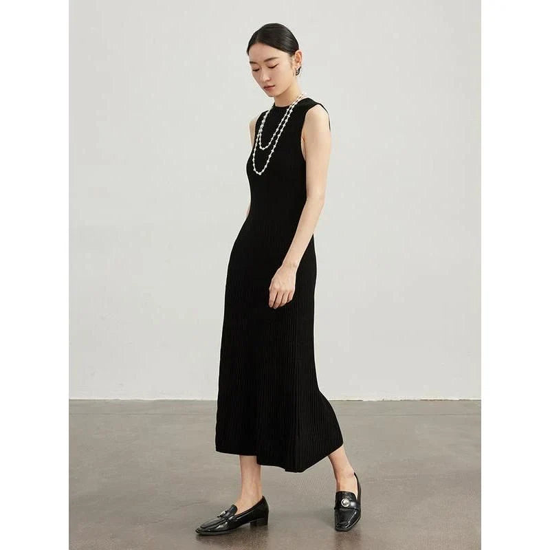 Elegant wool blend sleeveless dress in beige with a flattering fit-and-flare silhouette, perfect for autumn and winter wear