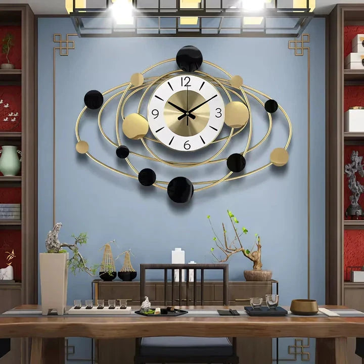 Elegant modern art wall clock with a sleek metal dial and abstract pattern, perfect for living room decor