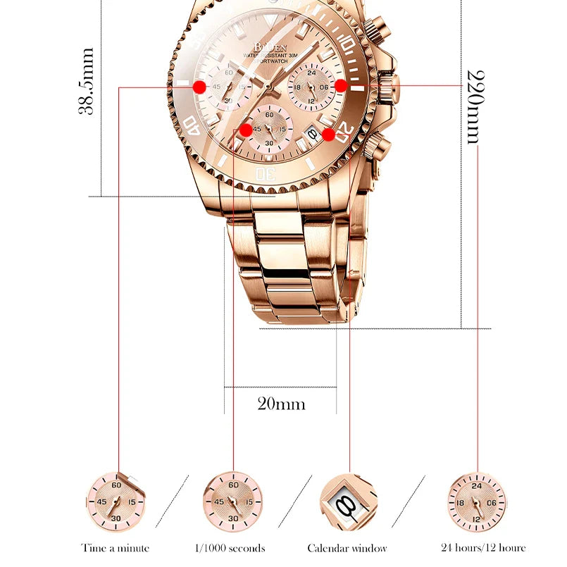 Elegant ladies' fashion watch with multifunctional features like luminous display, calendar, and 24-hour indication for professional use
