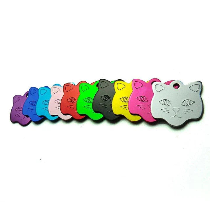 Customisable cat ID tags made from premium aluminium in a variety of vibrant colours