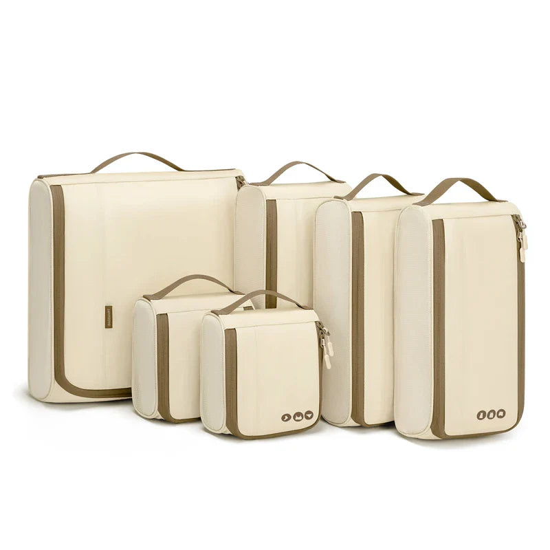 Trendha 6-Piece Travel Organizer Bag Set in Beige with Sturdy Wire Frame and Breathable Mesh Sides