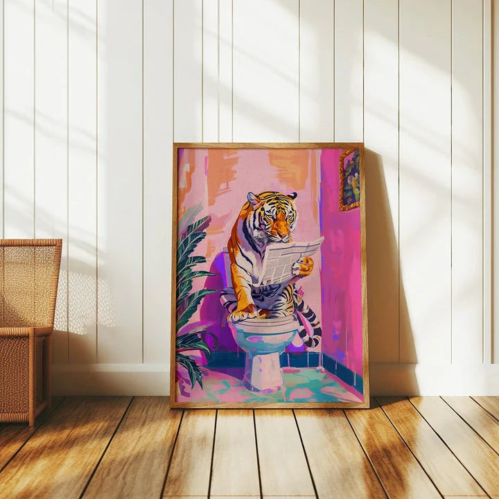 Funny Jungle Animal Tiger in a Bathroom Canvas Print, a modern Nordic art piece featuring a cheeky tiger in a bathroom setting