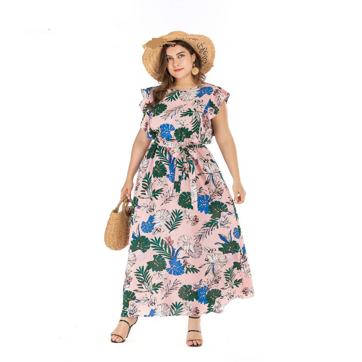 Bohemian-style summer dress in pink with an elastic waist and flowing swing skirt, available in plus sizes 3XL and 4XL