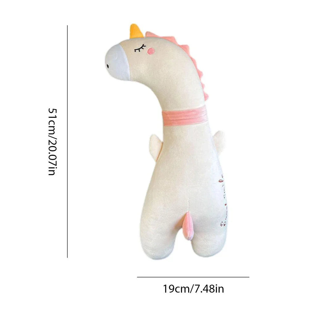 Comfortable car seat belt cushion pads with soft, breathable polyester fabric and plush PP cotton filling in fun cartoon designs including a giant goose, pink dinosaur, long-necked green dragon, and yellow giraffe