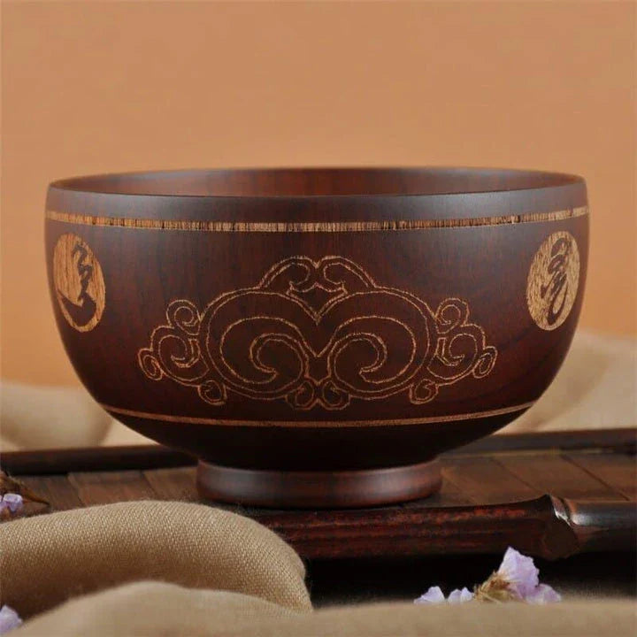 Elegant Mongolian-style wooden serving bowl with a smooth, natural grain and subtly curved silhouette