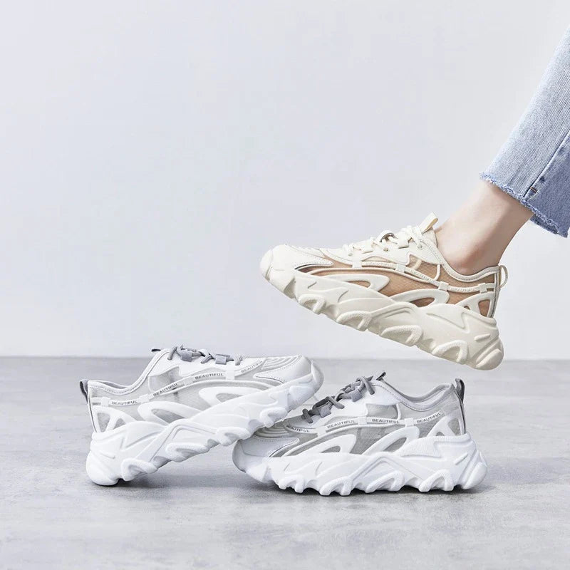 Comfortable white platform shoes with thick soles and a trendy 'daddy shoe' design