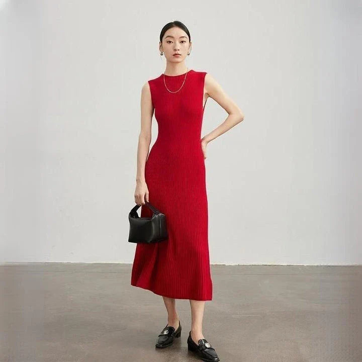 Elegant wool blend sleeveless dress in beige with a flattering fit-and-flare silhouette, perfect for autumn and winter wear