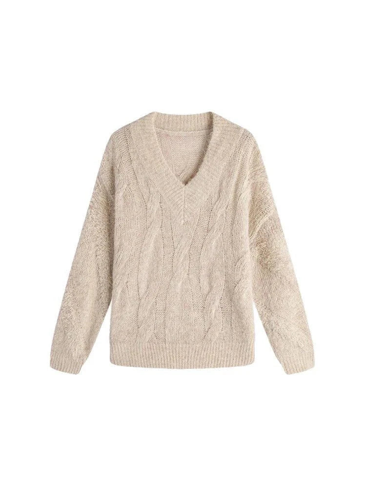 Cosy V-Neck Alpaca Blend Jumper in Cream White, featuring a relaxed fit and chic V-neck design for everyday comfort and style.