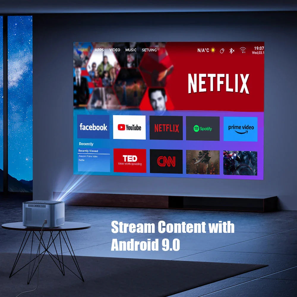 A 4K projector with automatic focus, 900 ANSI lumens of brightness, and wireless connectivity for a cinematic home entertainment experience.