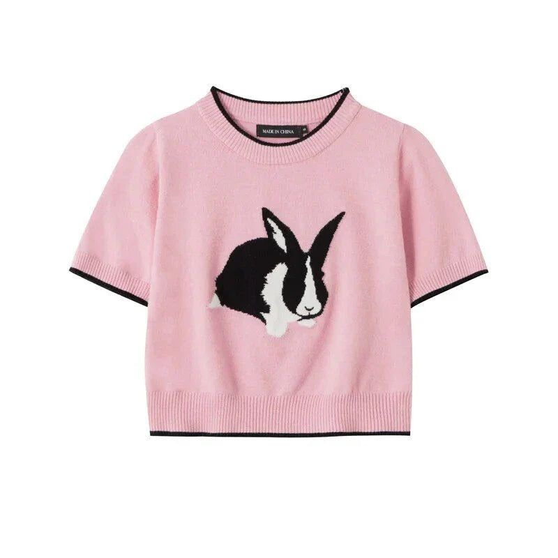 Charming Rabbit Cartoon Short Sleeve Knitted Top in Grey