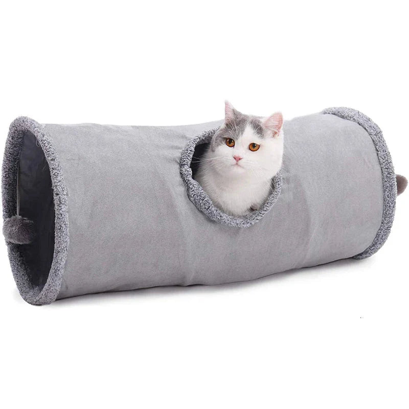Collapsible cat tunnel made of crinkle suede with a peek hole, designed for cat play and exploration
