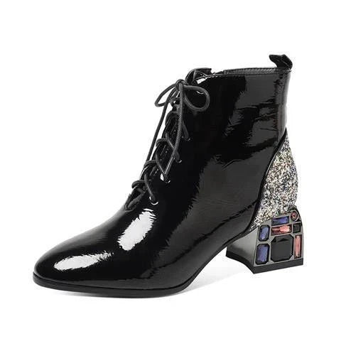 Elegant rhinestone embellished patent leather high heels in a wine red colour