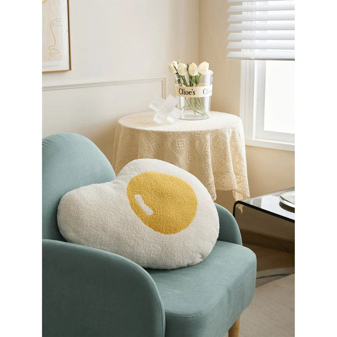 Cosy and charming kawaii fried egg throw pillow with plush microfiber fabric and cotton filling for stylish home decor