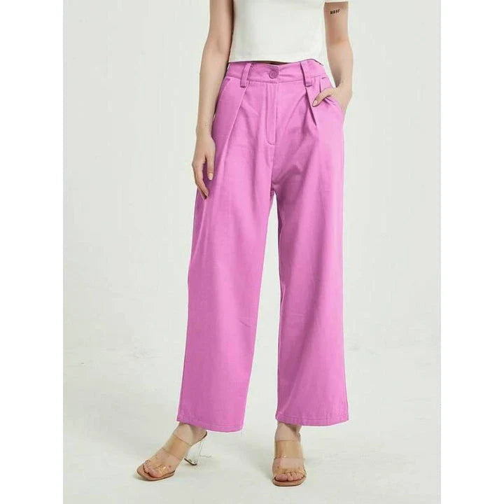Elegant purple high-waisted wide-leg trousers with a vintage-inspired design, perfect for the modern British woman