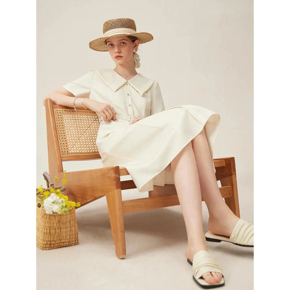 Elegant mid-calf summer dress with flattering empire waistline and adjustable belt for professional women