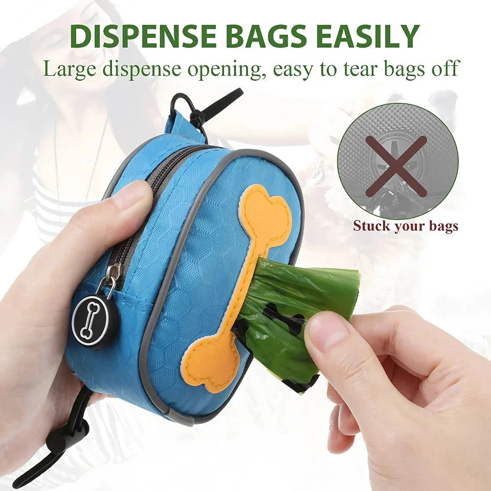 A heavy-duty, weatherproof dog poop bag dispenser made of Oxford fabric with a lavender-scented, leak-proof bag system.