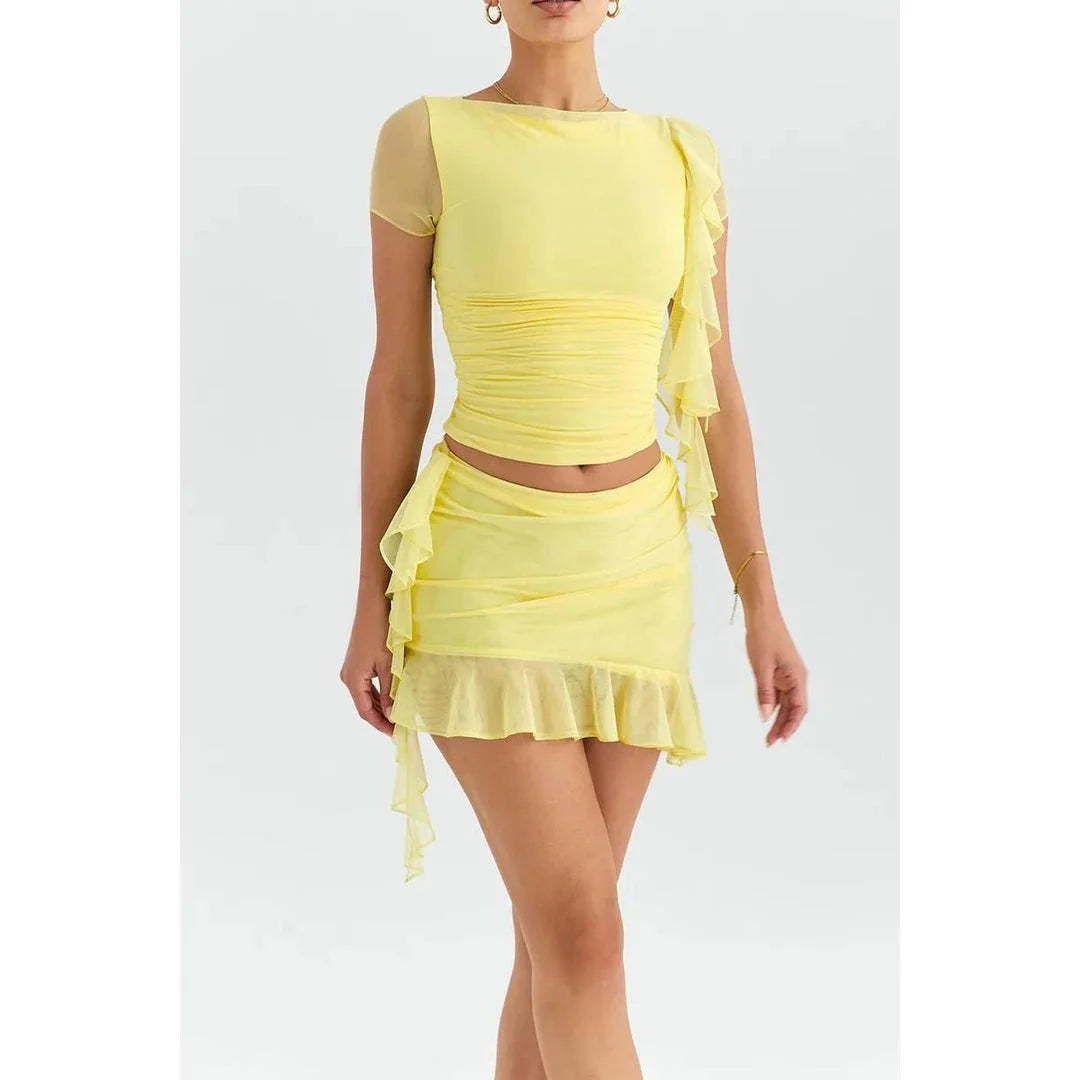 Elegant ruffle two-piece crop top and mini skirt set in yellow colour
