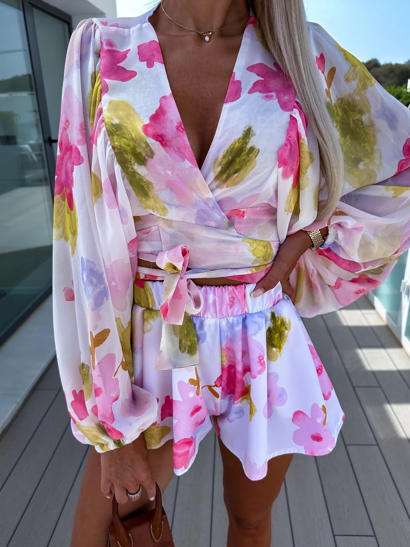 Elegant chiffon pleated shirt and shorts set in white, pink, and blue colours with lantern sleeves and tailored silhouette