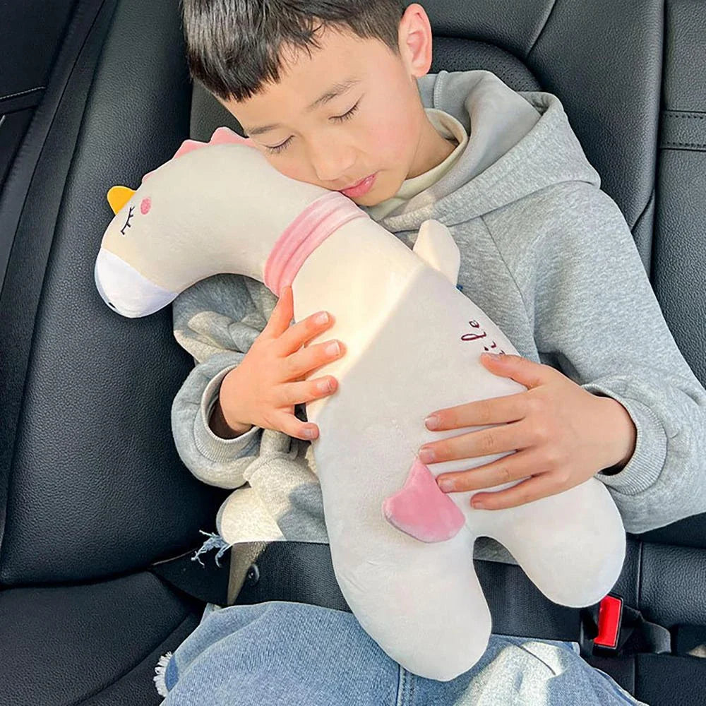 Comfortable car seat belt cushion pads with soft, breathable polyester fabric and plush PP cotton filling in fun cartoon designs including a giant goose, pink dinosaur, long-necked green dragon, and yellow giraffe