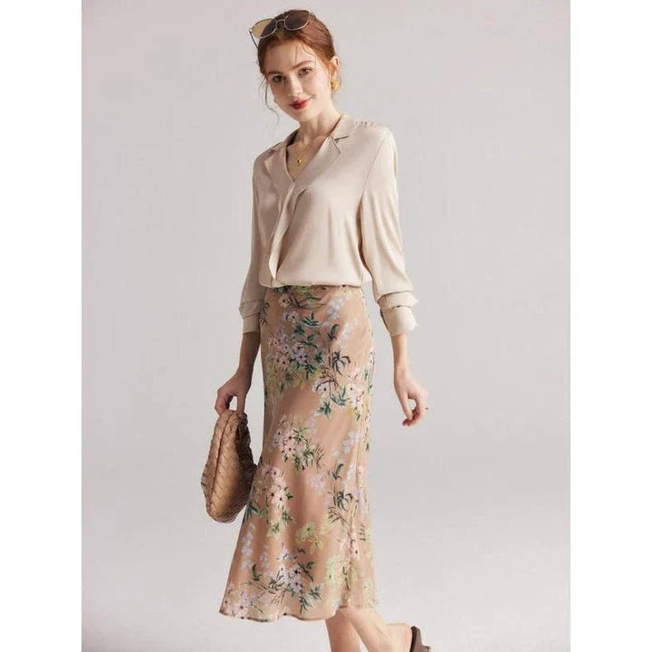 Elegant chiffon floral a-line skirt in coffee colour, perfect for the modern British woman's wardrobe