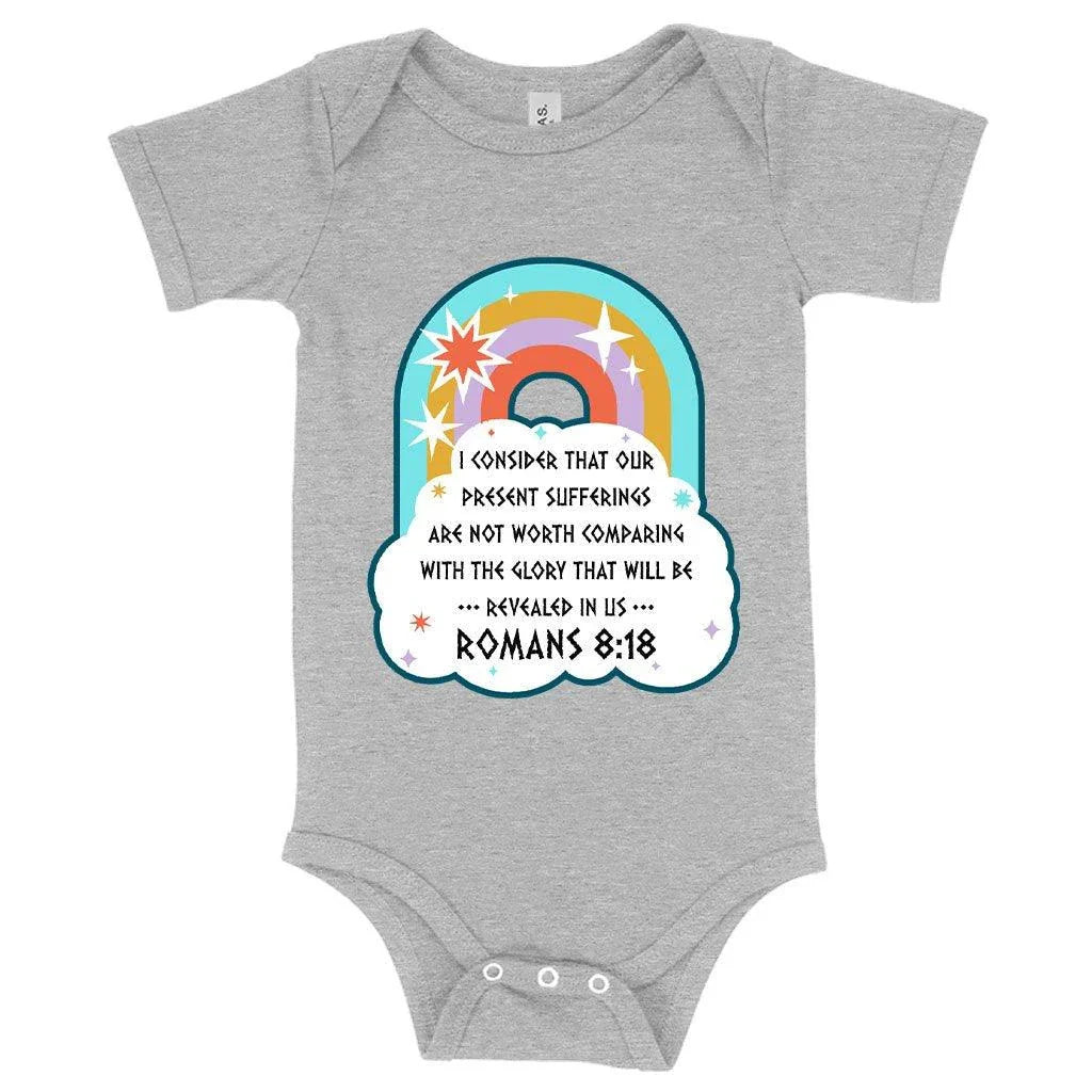 Comfy Bible verse baby bodysuit in mauve triblend fabric with flexible fit and envelope neckline