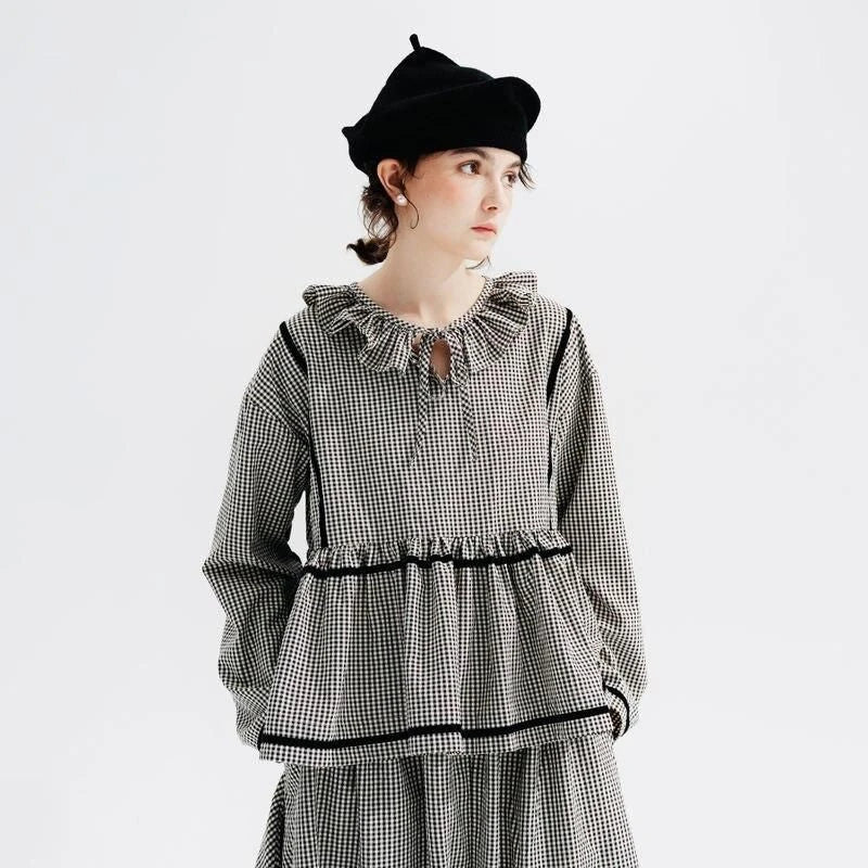 Homeenjoy uk Elegant Checkered Long-Sleeve Shirt with Doll Collar