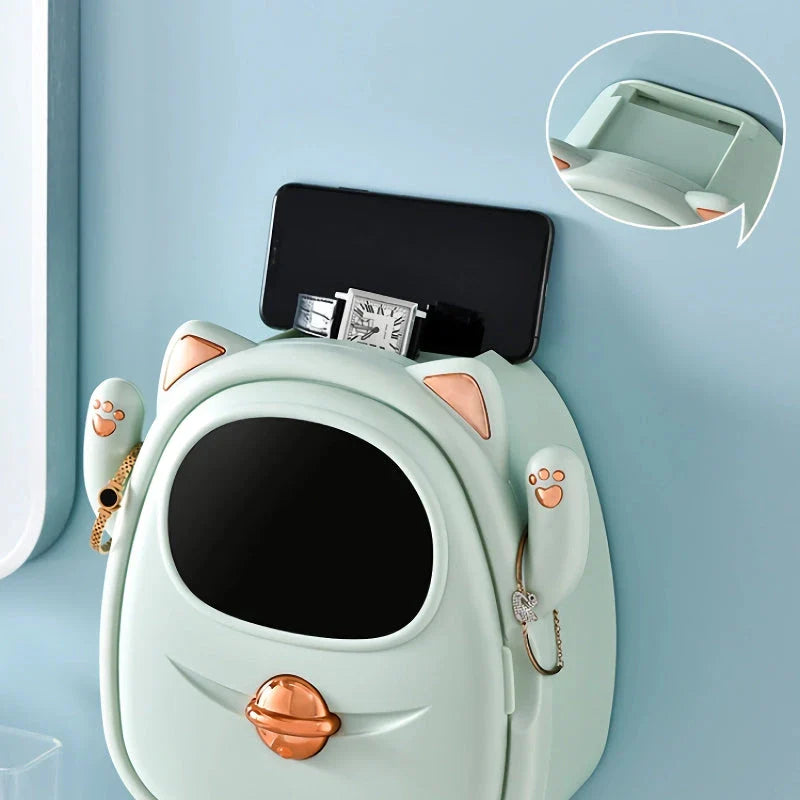 A white, cat-themed tissue box and bathroom organiser with storage compartments