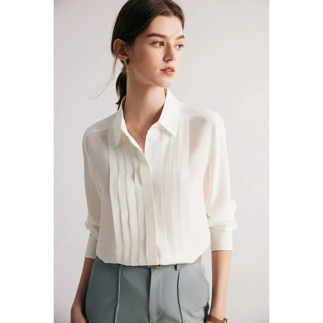 Elegant white mulberry silk office blouse with classic turn-down collar and straight, regular fit for a flattering silhouette
