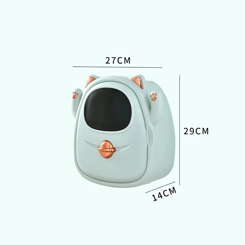 A white, cat-themed tissue box and bathroom organiser with storage compartments