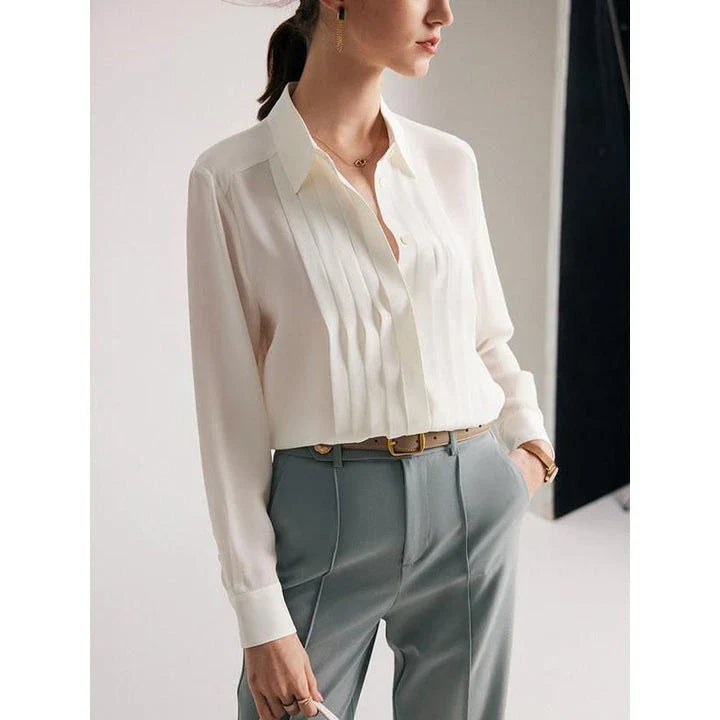 Elegant white mulberry silk office blouse with classic turn-down collar and straight, regular fit for a flattering silhouette