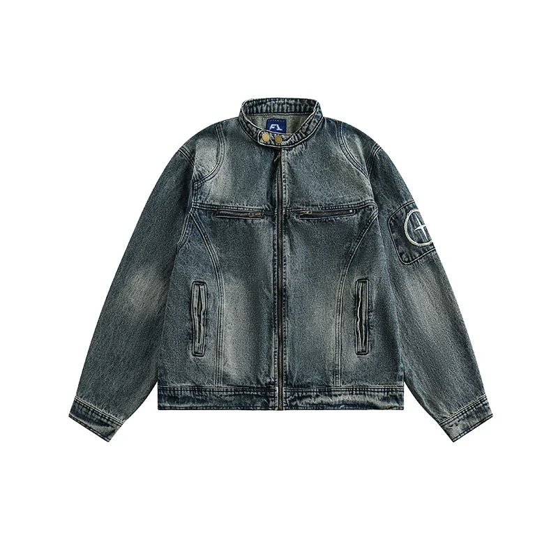 Retro-inspired men's denim jacket with intricate embroidered detailing, perfect for casual and smart-casual outfits