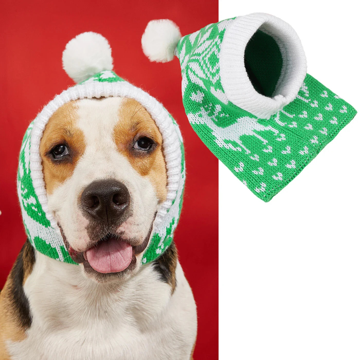 A cosy, knitted pet hat in a festive snowflake and reindeer design, available in various sizes to fit dogs and cats.