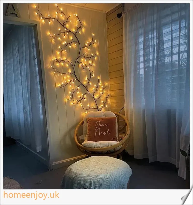 Enchanting willow vine with warm white LED lights, creating a serene and cozy ambience in a living room
