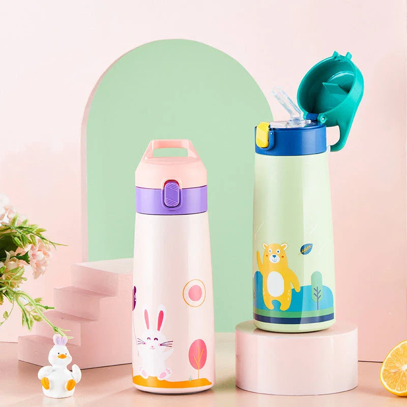 Charming cartoon-themed stainless steel thermal mug with 500ml capacity, perfect for children's hydration needs
