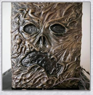 A haunting Necronomicon book with an embossed monster cover, aged pages, and a leathery, deathly texture
