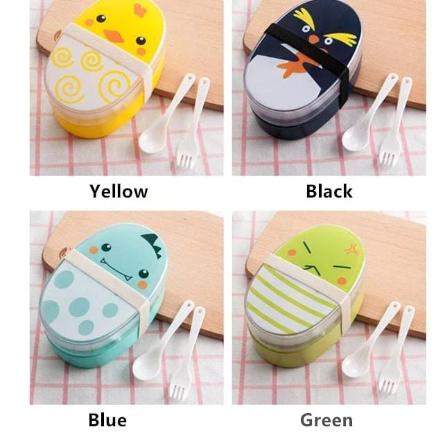 Egg-shaped children's lunch box in various colours, including black, green, blue, and yellow