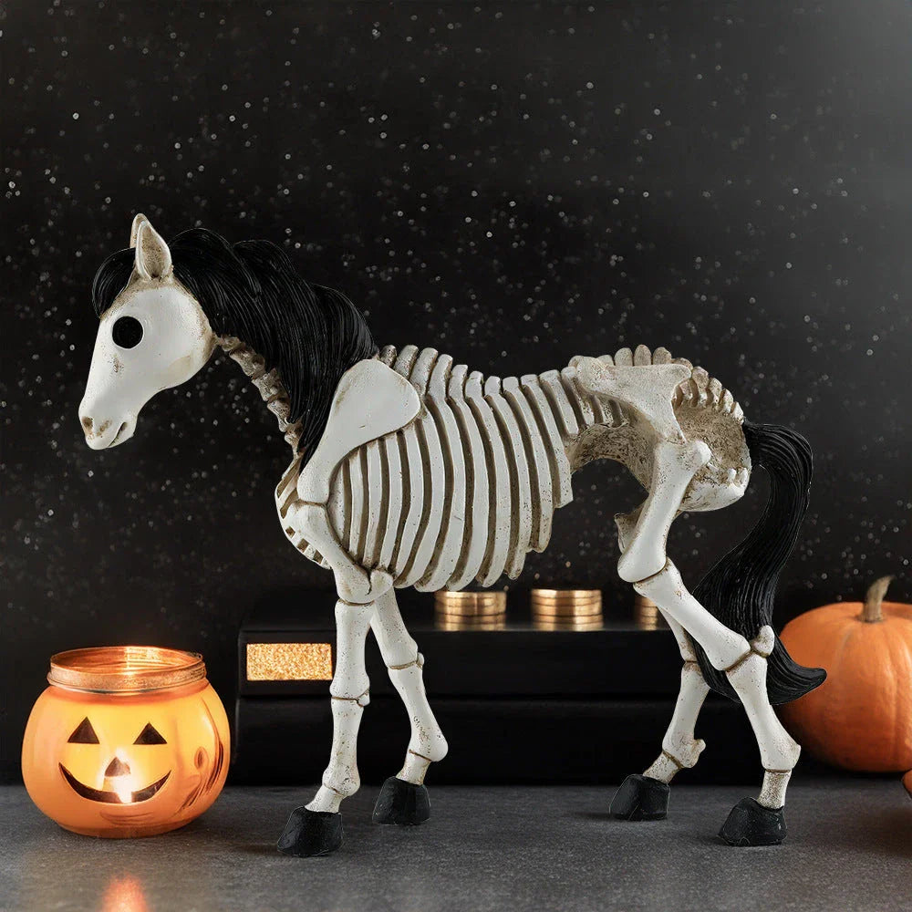 Detailed resin skeleton horse ornament in a spooky Halloween design, perfect for seasonal home decor