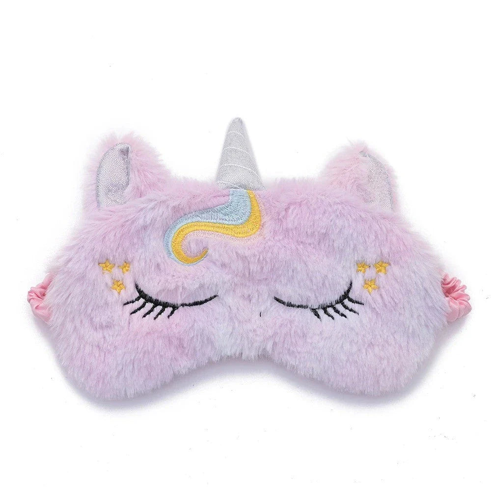 Cosy glitter unicorn sleep mask with plush fabric and adjustable elastic band for a comfortable, customised fit