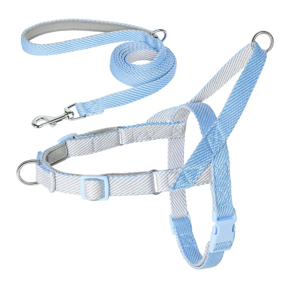Adjustable no-pull dog harness and leash set made of durable, lightweight nylon in various colours for small, medium, and large breeds