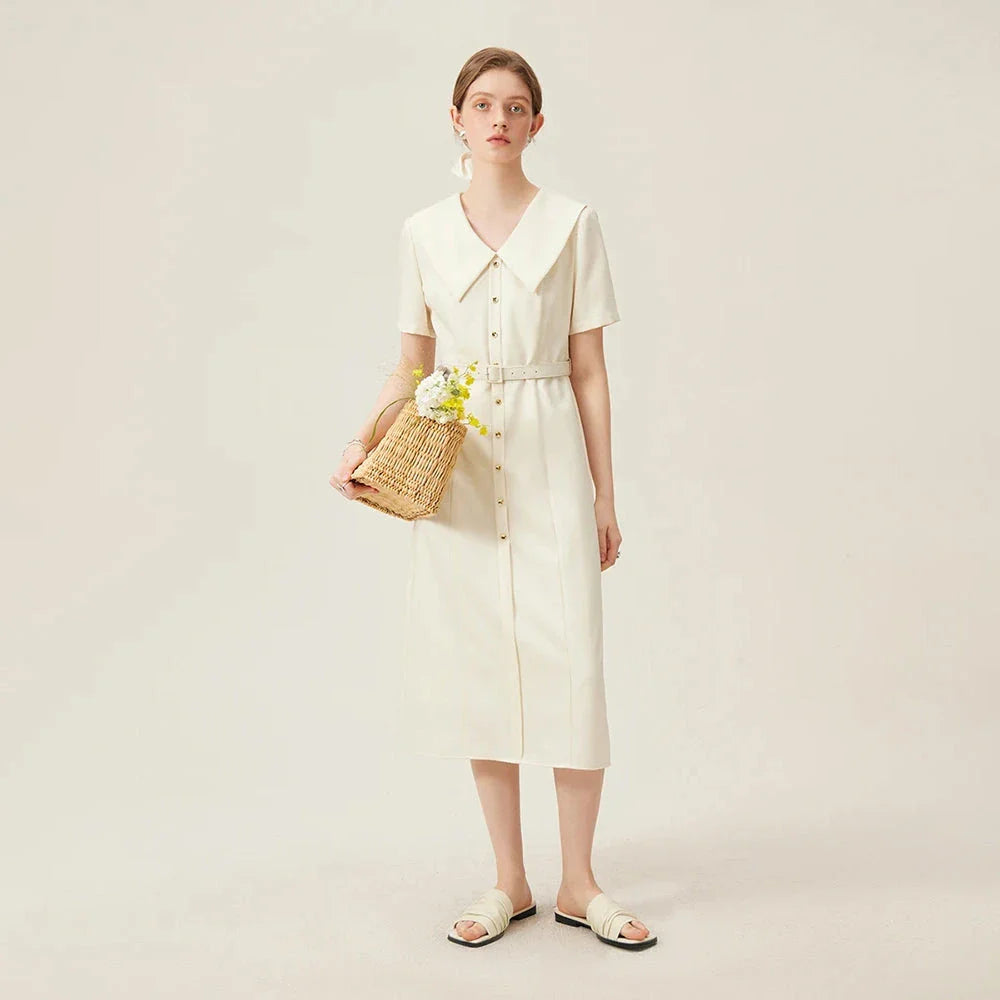 Elegant mid-calf summer dress with flattering empire waistline and adjustable belt for professional women