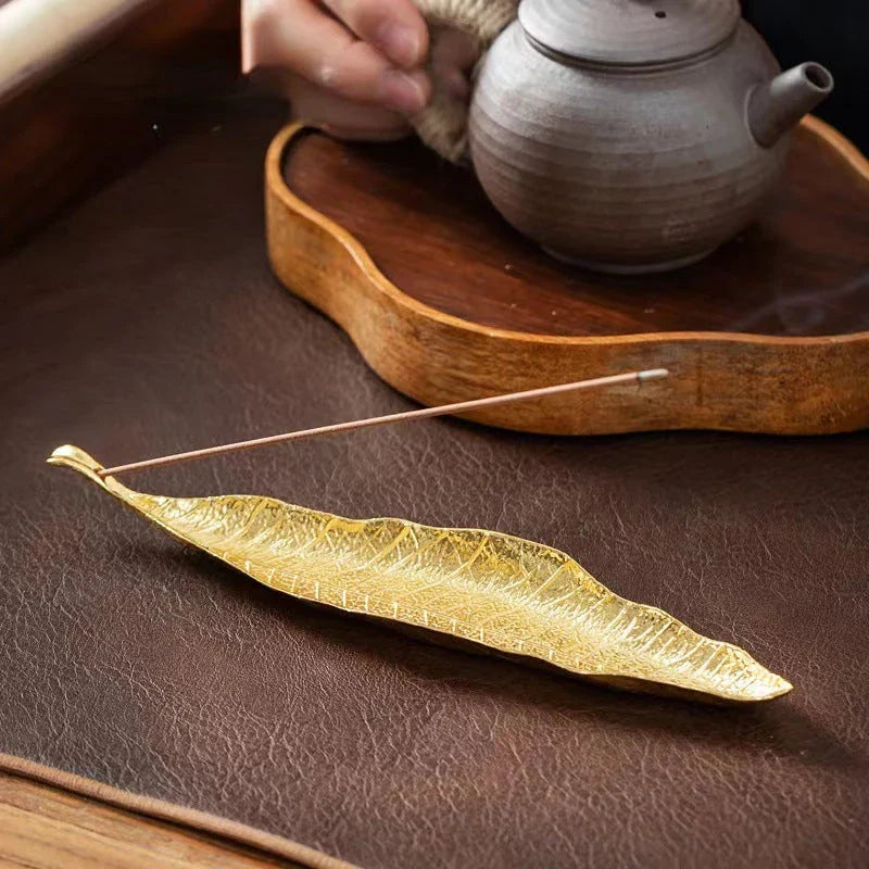 Elegant copper alloy incense holder with Bodhi leaf design for relaxation and meditation