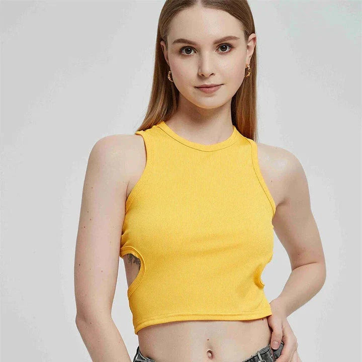 A chic and stylish ribbed knit Y2K tank top in a classic green colour, designed for the fashion-conscious British consumer.