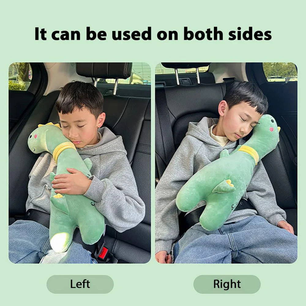 Comfortable car seat belt cushion pads with soft, breathable polyester fabric and plush PP cotton filling in fun cartoon designs including a giant goose, pink dinosaur, long-necked green dragon, and yellow giraffe