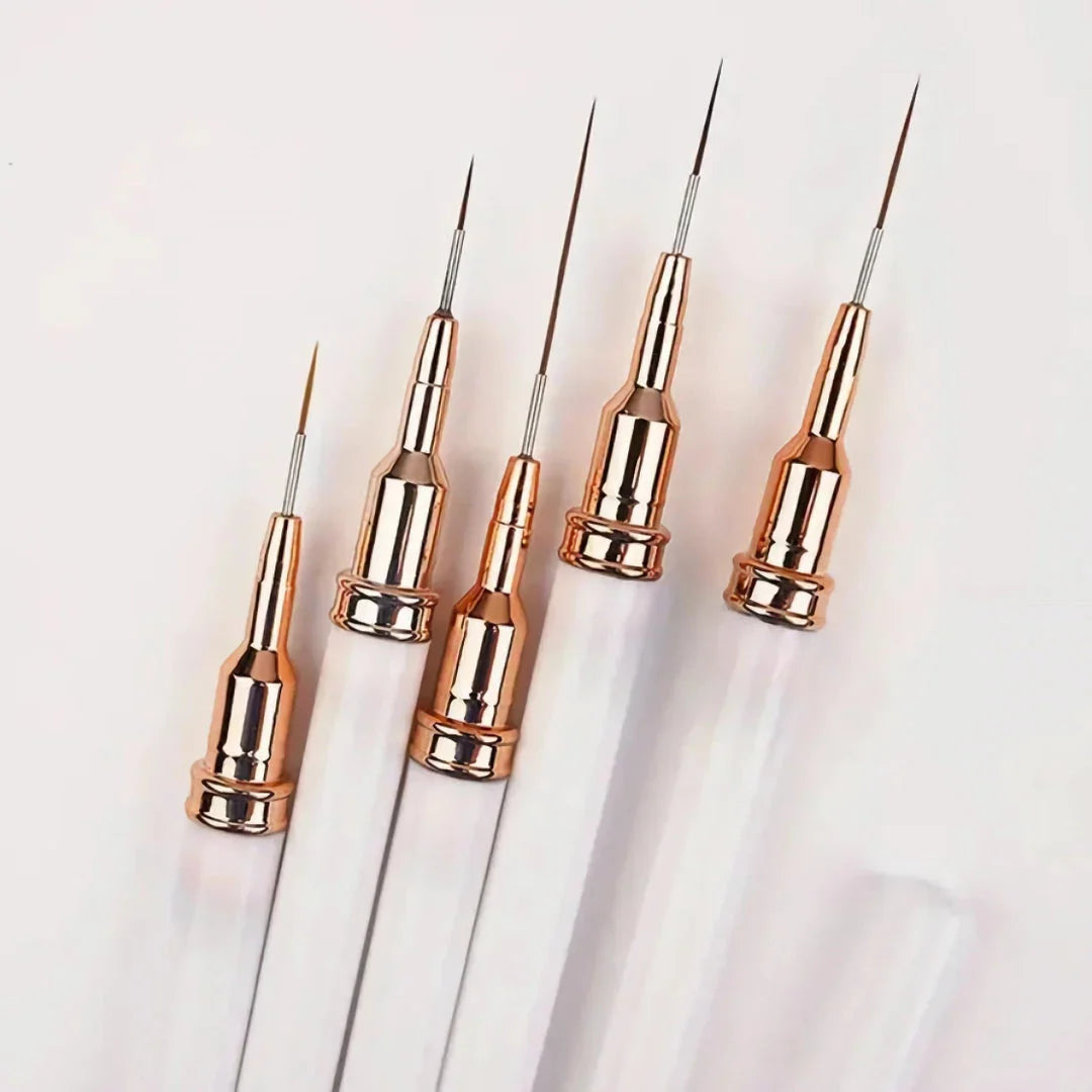 A 5-piece set of precision nail art liner brushes in various sizes for creating intricate designs and patterns on nails