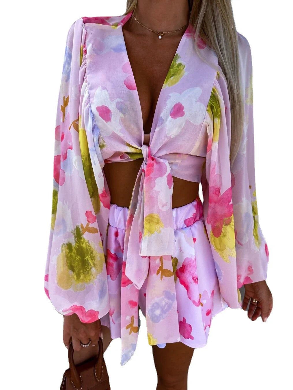 Elegant chiffon pleated shirt and shorts set in white, pink, and blue colours with lantern sleeves and tailored silhouette